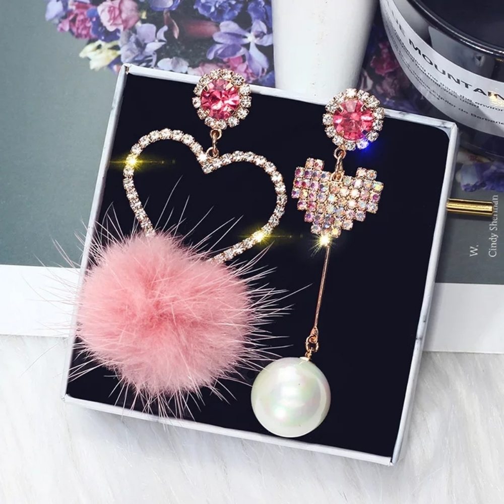 Pink Crystal Love Heart Asymmetry Earrings